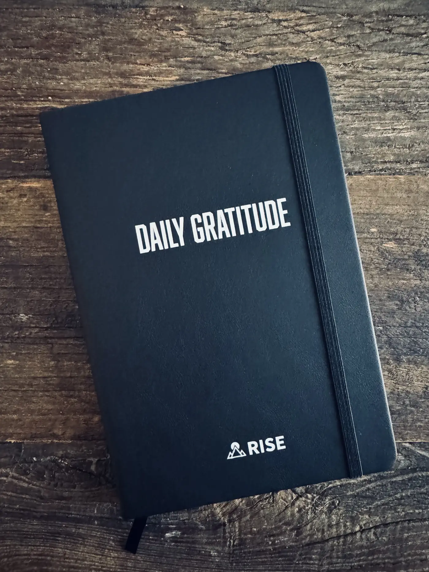 The RISE Daily Gratitude journal on a wooden table